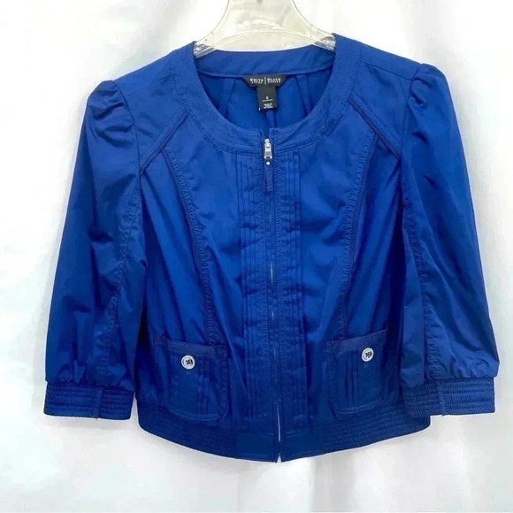 WHBM Women's Short Jacket Size 0 Blue Lightweight Zip Up Pockets 3/4 Sleeve - Picture 1 of 12